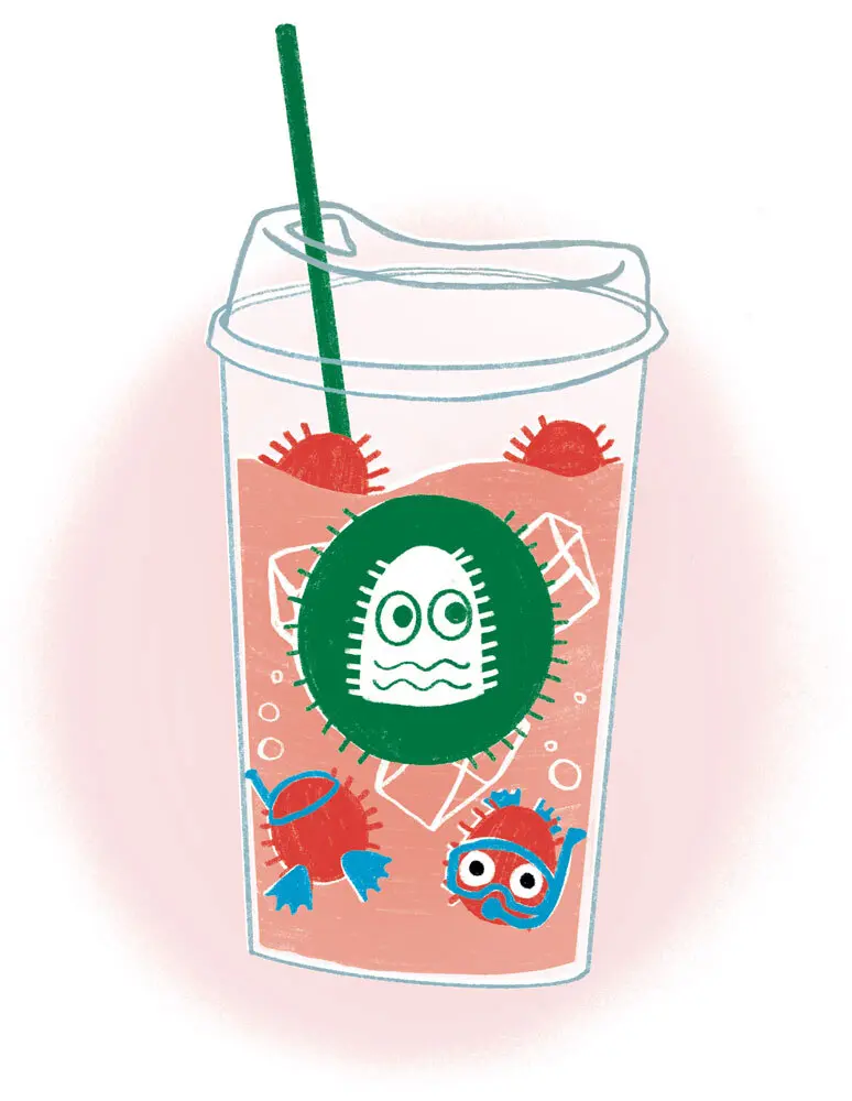 pink Starbucks drink with red bugs