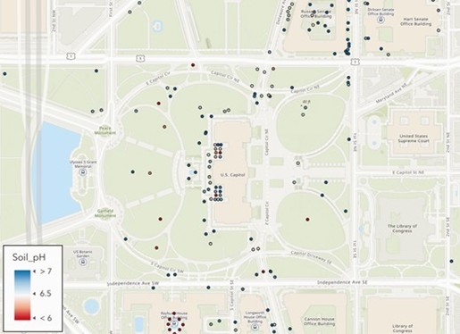Map of Soil sample testing on the U.S. Capitol Grounds. Circles mark test site colors make ph level