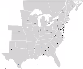 Figure 1. Sites within the sentinel plot monitoring network. Black dots indicate sites in locations where corn earworms overwinter, while white dots are locations where earworms must migrate to each season.  